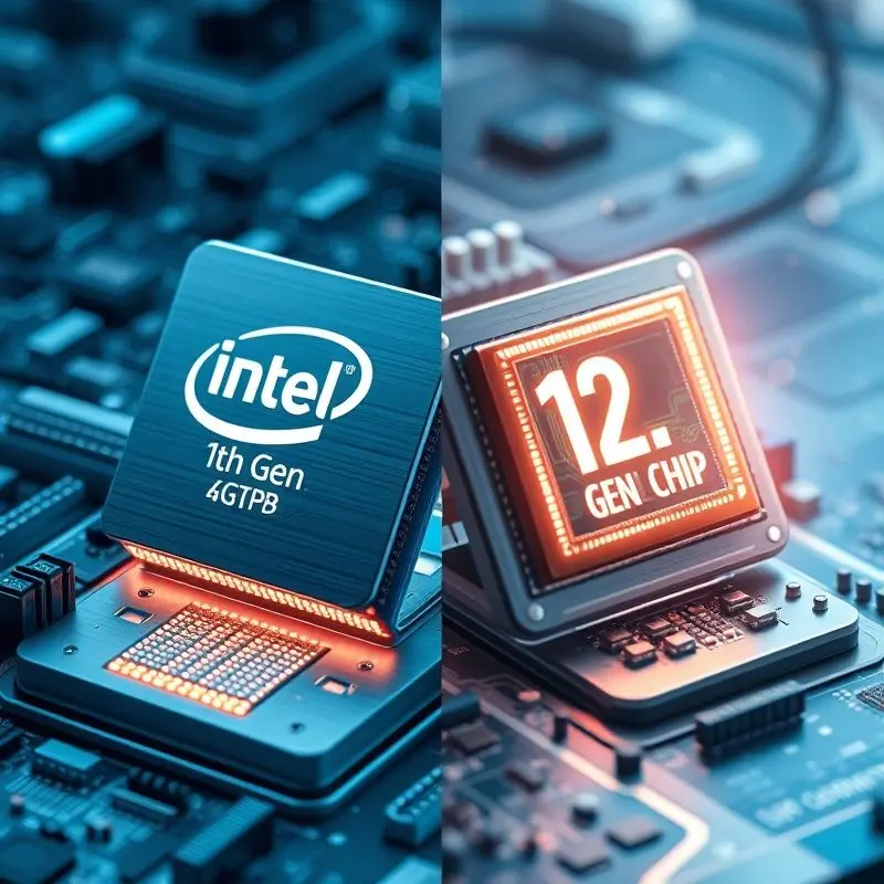 Split image of Intel 11th Gen and 12th Gen processors on circuit boards with glowing digital effects