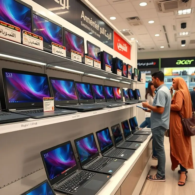 A modern electronics store in Cairo, Egypt, showcasing various budget laptops on display shelves with Arabic price tags; customers are browsing the options.