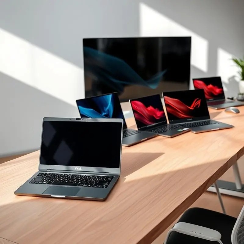 Top laptop brands of 2025 including Apple MacBook, Dell XPS, HP Spectre, Lenovo ThinkPad, ASUS ROG, and Acer Swift displayed on a modern desk in a bright, tech-inspired workspace
