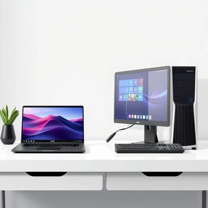 sleek modern laptop and a powerful desktop computer on a clean desk setup
