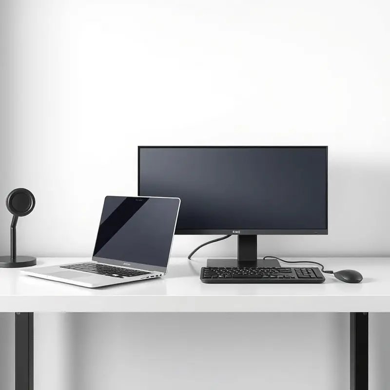 Side-by-side image of a laptop and a desktop computer on a modern desk setup, highlighting size and design differences.