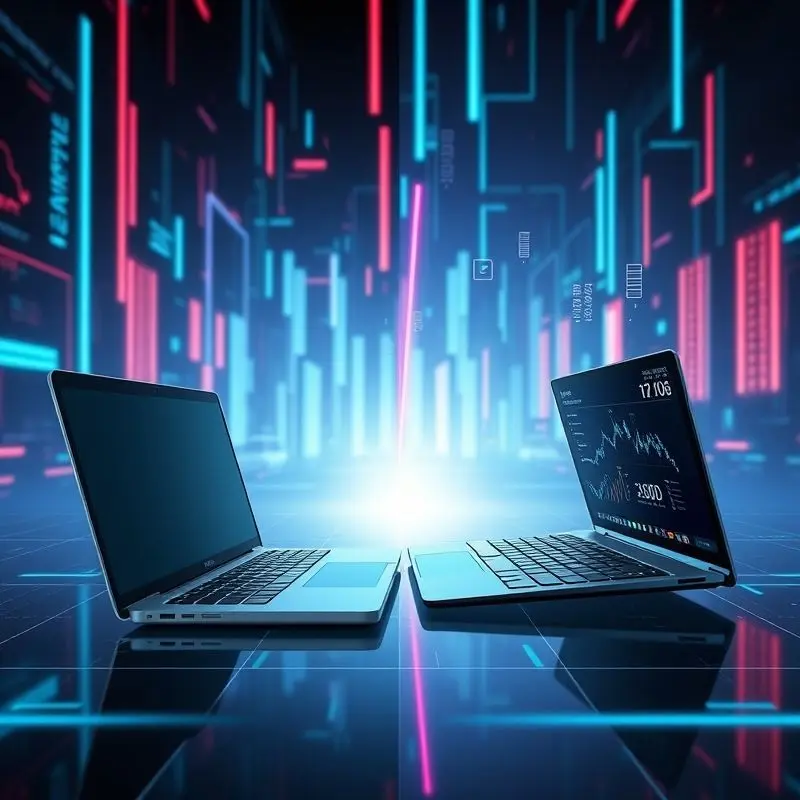 Evolution of laptops from old bulky designs to modern slim models in a timeline view