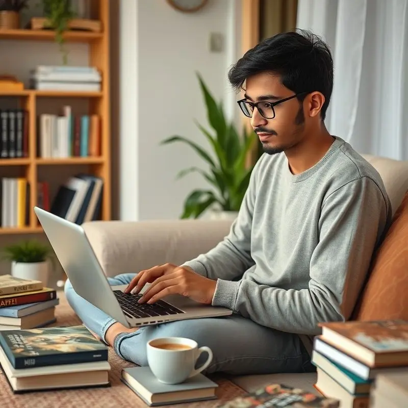 Young man using an inexpensive laptop at home, surrounded by books and a cup of coffee, seated on a sofa in a cozy, well-lit room.