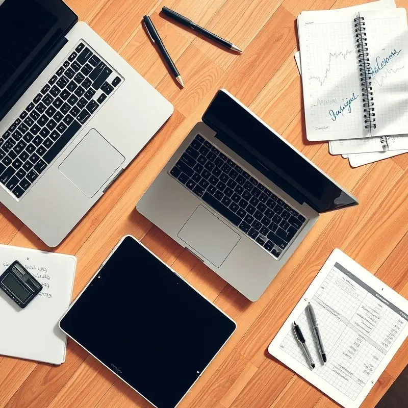 Flat lay of several affordable laptops, student notebooks, financial documents, pens, and a calculator on a wooden desk—some notes are in Arabic.