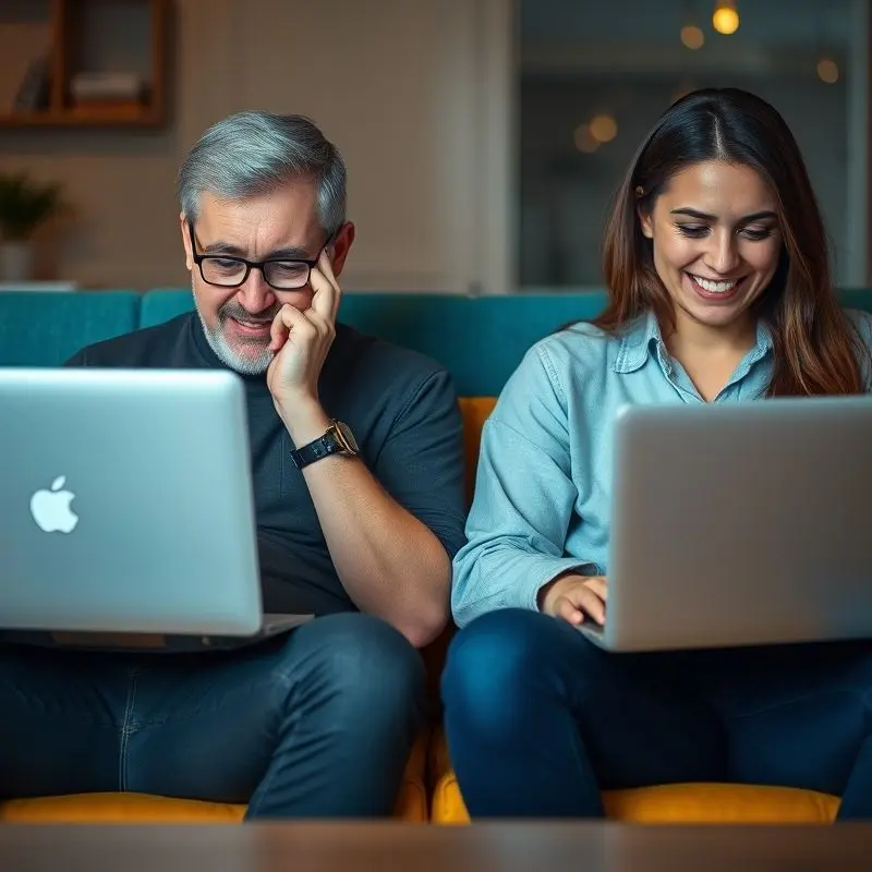 Frustrated user using old laptop beside happy user with a modern fast laptop